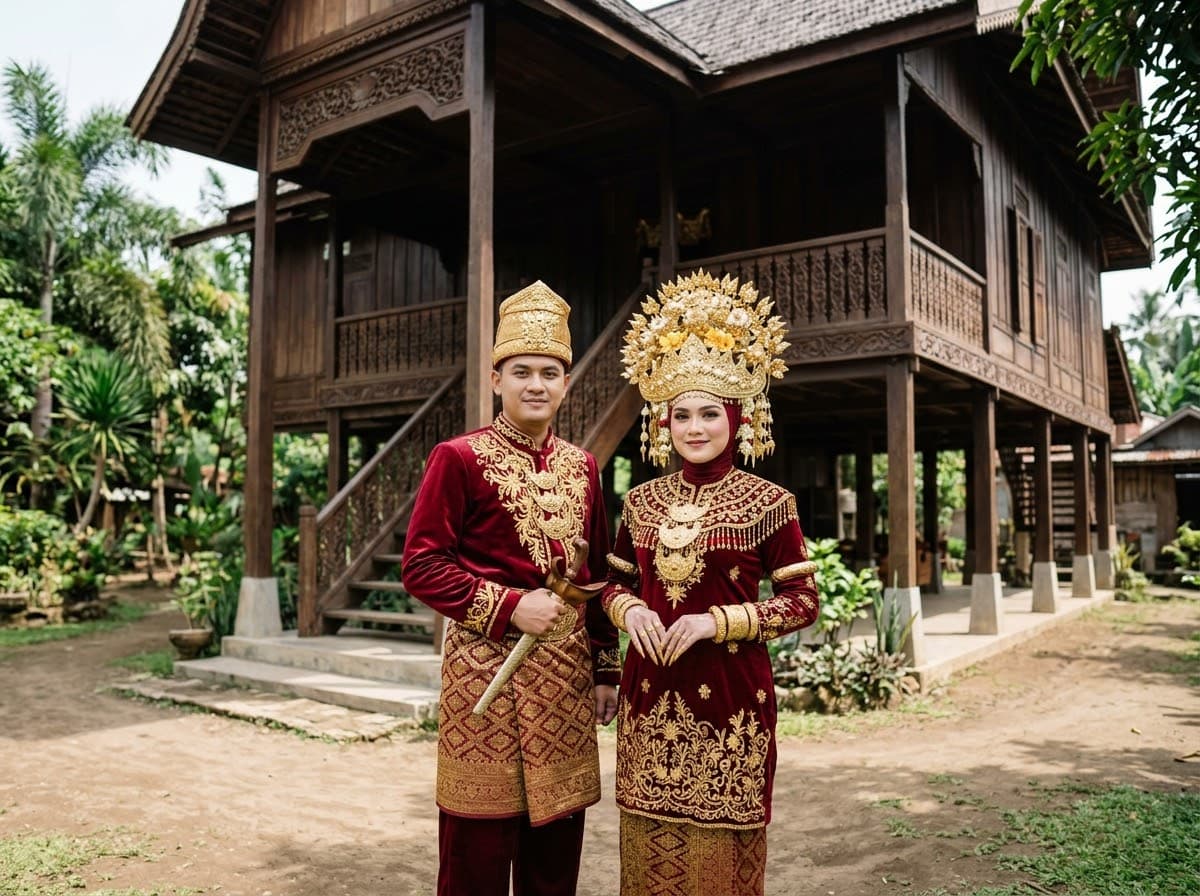 Sepasang pengantin berbusana adat Komering — beludru merah bersulam emas, songket, kopiah dan mahkota emas — berdiri di depan rumah panggung kayu