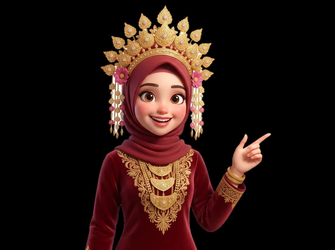 Maskot Ratih berhijab merah dengan mahkota emas, menunjuk ke arah penerjemah