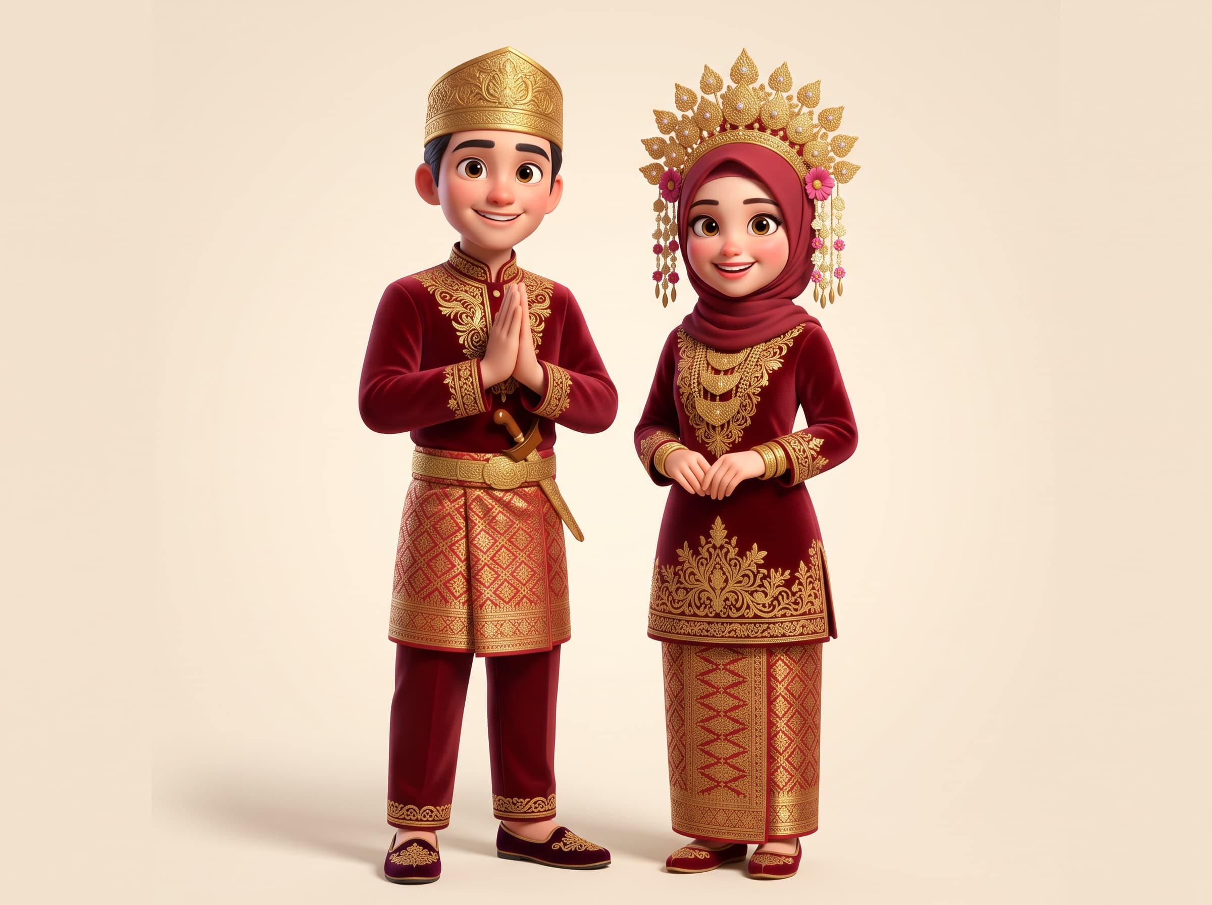 Maskot Raka dan Ratih mengenakan busana adat pengantin Komering berwarna merah marun dan emas