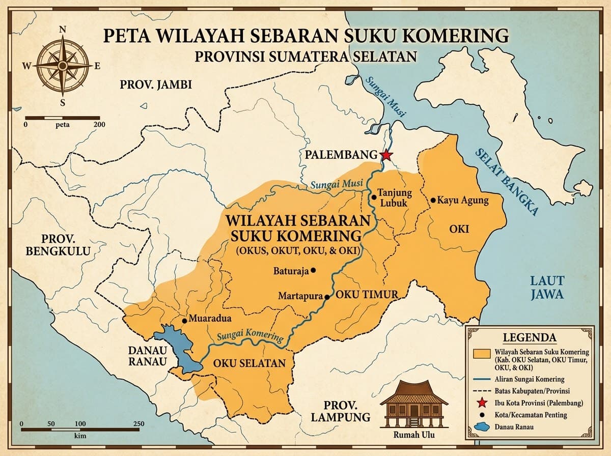 Peta wilayah sebaran Suku Komering di Provinsi Sumatera Selatan: OKU Selatan, OKU Timur, OKU, dan OKI, dengan aliran Sungai Komering dari Danau Ranau ke Palembang